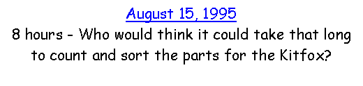 Text Box: August 15, 19958 hours - Who would think it could take that long to count and sort the parts for the Kitfox?