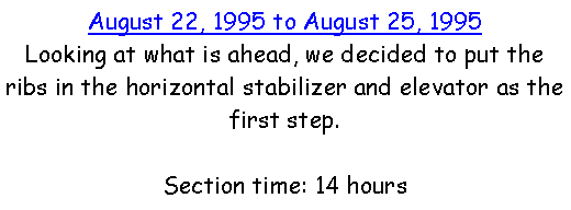 Text Box: August 22, 1995 to August 25, 1995Looking at what is ahead, we decided to put the ribs in the horizontal stabilizer and elevator as the first step.Section time: 14 hours